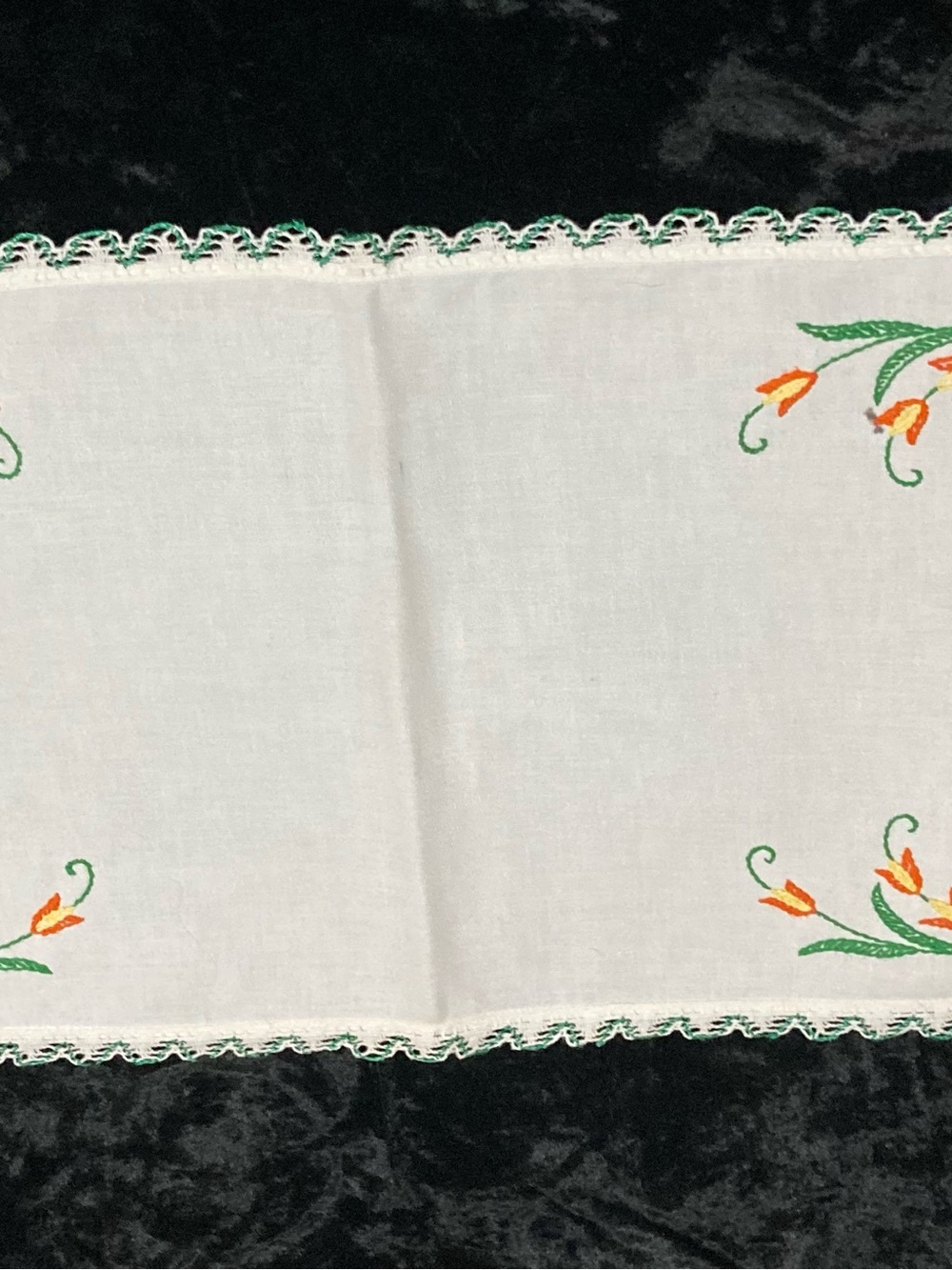 Vintage Embroidered Cotton Table Runner with Orange Floral Accents 36x13”